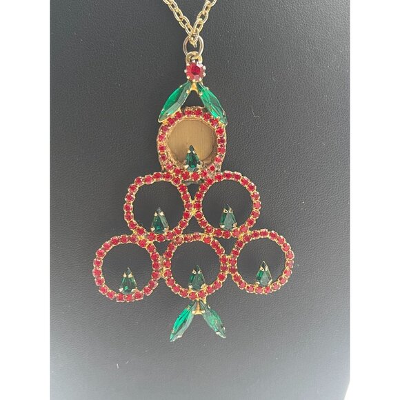 Vintage Rhinestone Christmas Tree Pendant Necklace With Gold-Tone Chain & Red/Gr - Picture 14 of 16